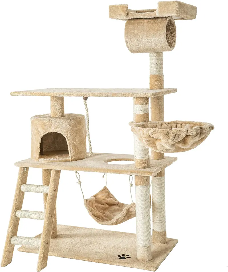 141 Cm Beige Cat Tree With Scratching Posts, Hammocks & Toy Attachments 1