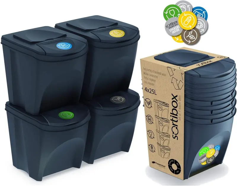 4-Compartment Kitchen Waste Sorting Set – 80L Total Capacity (4 × 25L Bins) 1