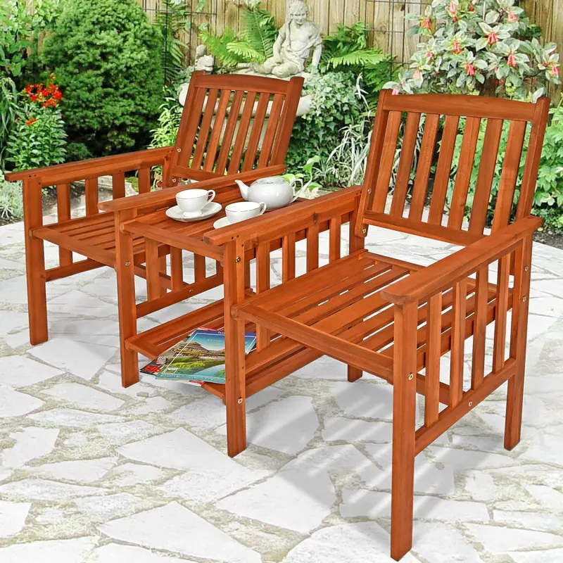 Acacia Wood Garden Bench With Cinema-Style Seating & Dual Shelves 1