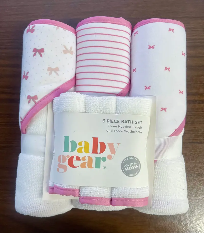 Baby Gear Hooded Towel & Washcloth Set – 6-Piece Pink Bow Collection 1