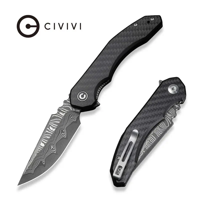 Civivi Bluetick Carbon Fiber Knife – Black G10 Accents, Damascus Blade (3.47") 1