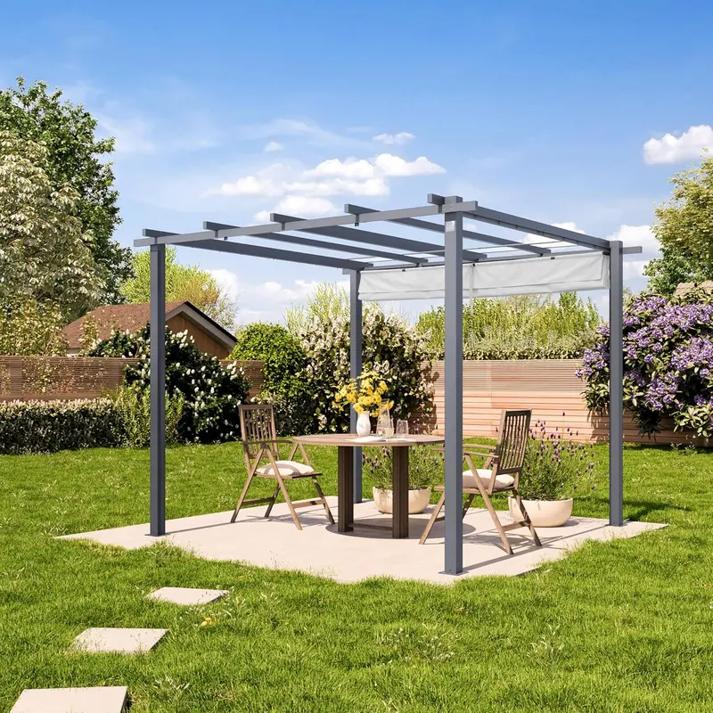 Freestanding 3X3 M Pearl Grey Pergola With Stone-Color Retractable Sun Sail – Final Unit 1