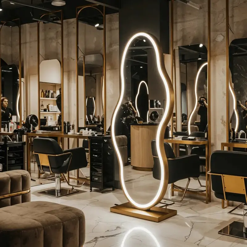Freestanding Wavy Mirror With Stainless Steel 304 Base 1