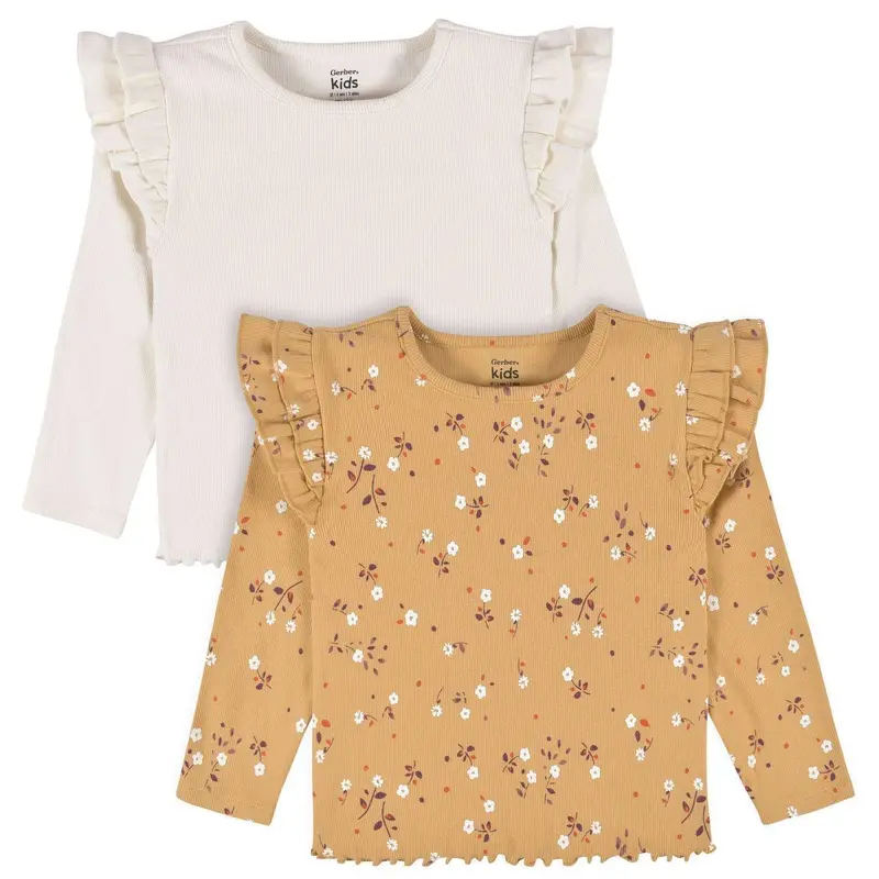Gerber Girls’ Yellow Floral Double-Ruffle Tops – 2-Pack 1