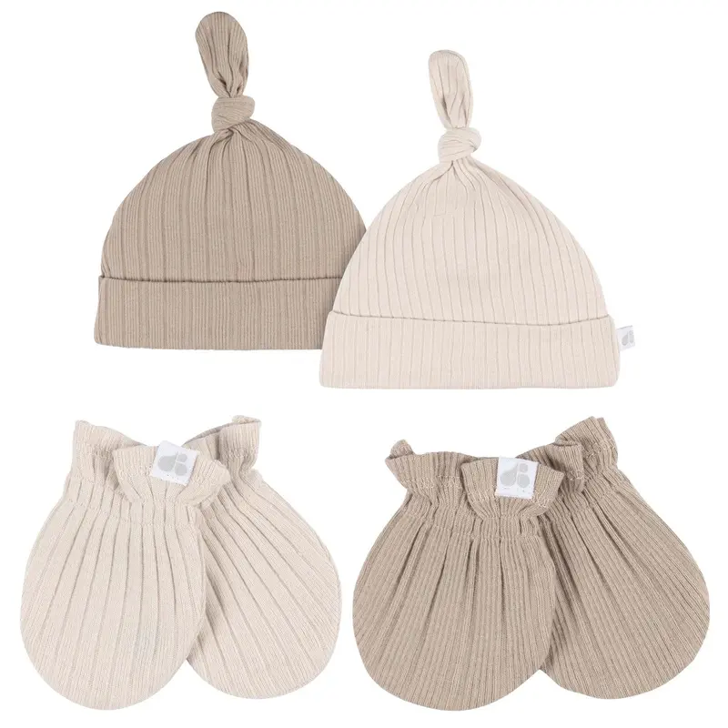 Gerber Just Born Neutral Hat & Mittens Set – Soft Cotton 4-Piece Bundle (Tan) 1