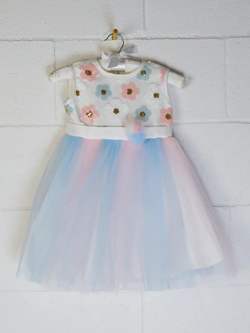 Girls’ Formal Tulle Dress – Blue & Pink Floral Appliqué, Toddler To Youth 1
