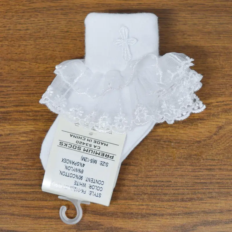 Girls' Lace-Ruffle Baptism Socks – Adorable Embroidered Cross Design In White & Ivory (Newborn To 18 Months) 1