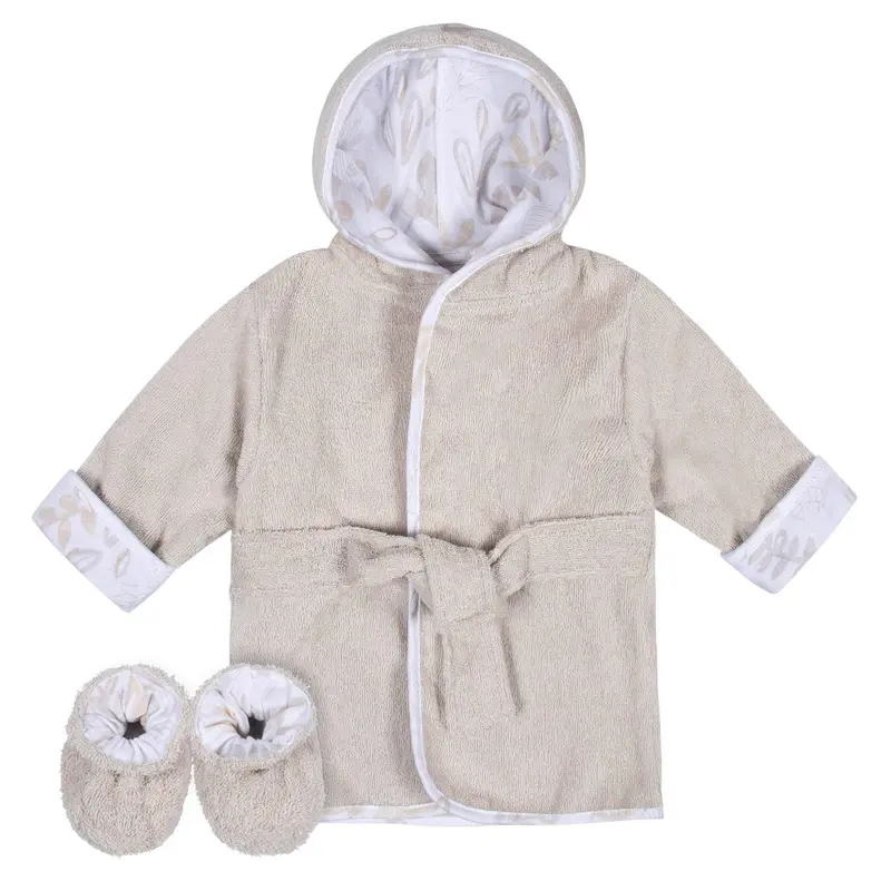 Just Born Neutral Bathrobe And Booties Set – Natural Leaves Design 1