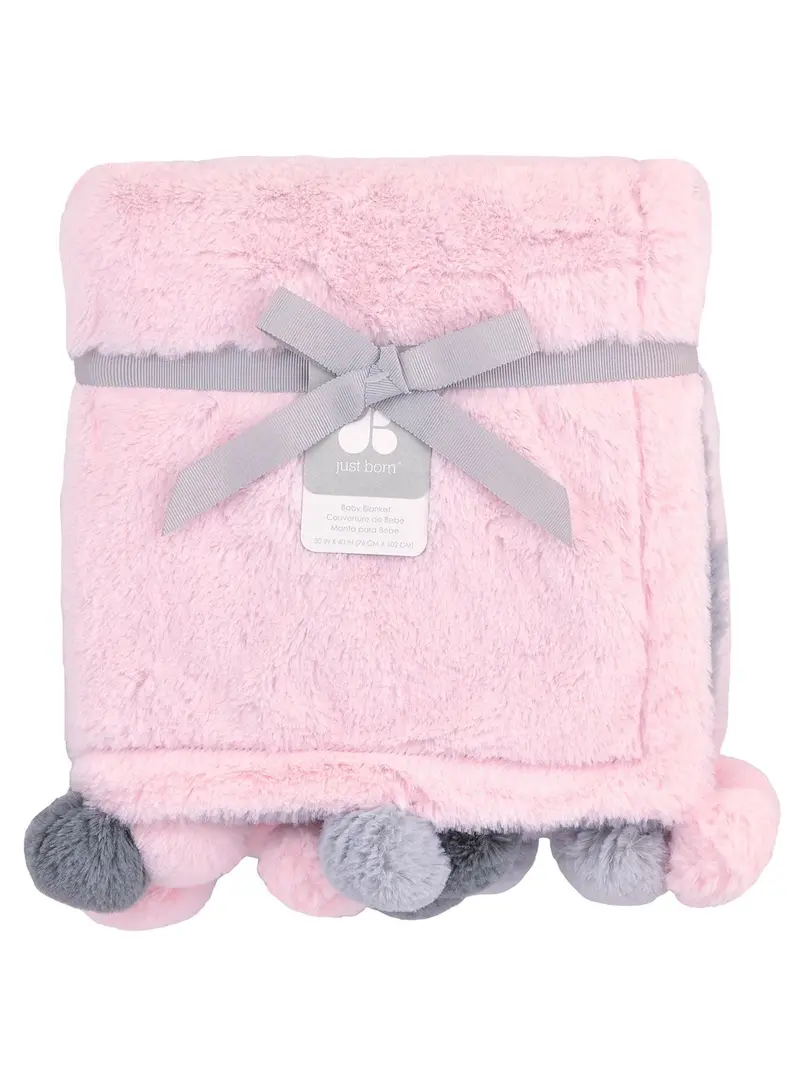 Just Born Pink Cuddle Plush Pom Pom Blanket – Ultra-Soft Baby Swaddle 1