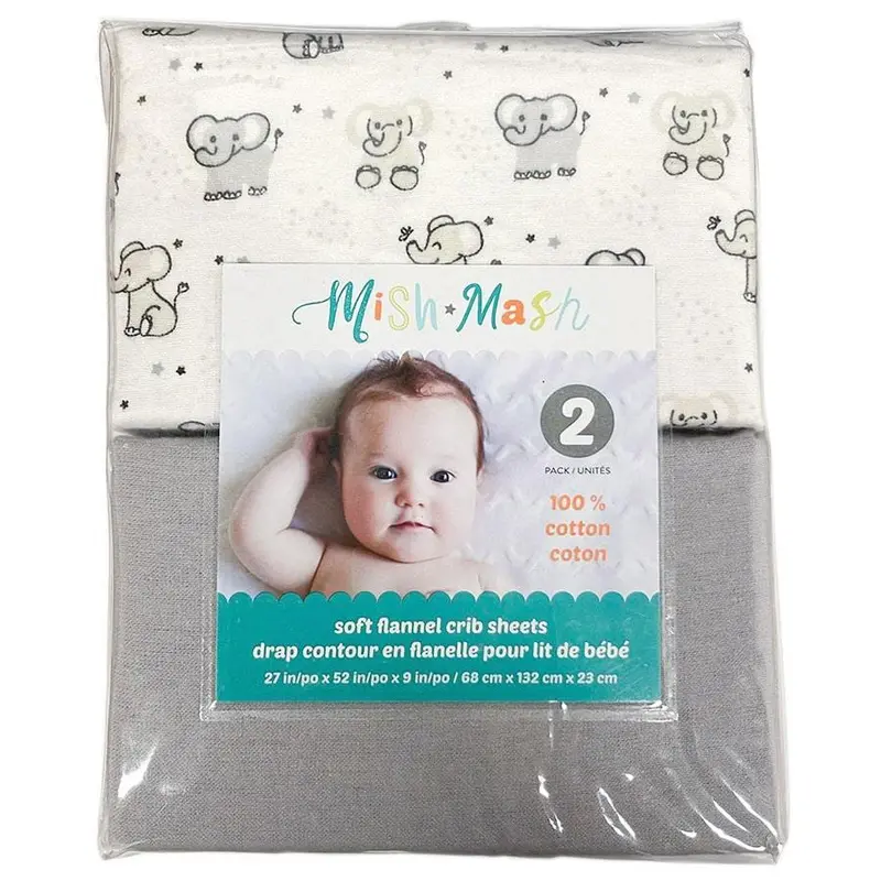 Mish Mash Grey Elephant Flannel Fitted Crib Sheets – 2-Pack Cozy Bedding Set 1