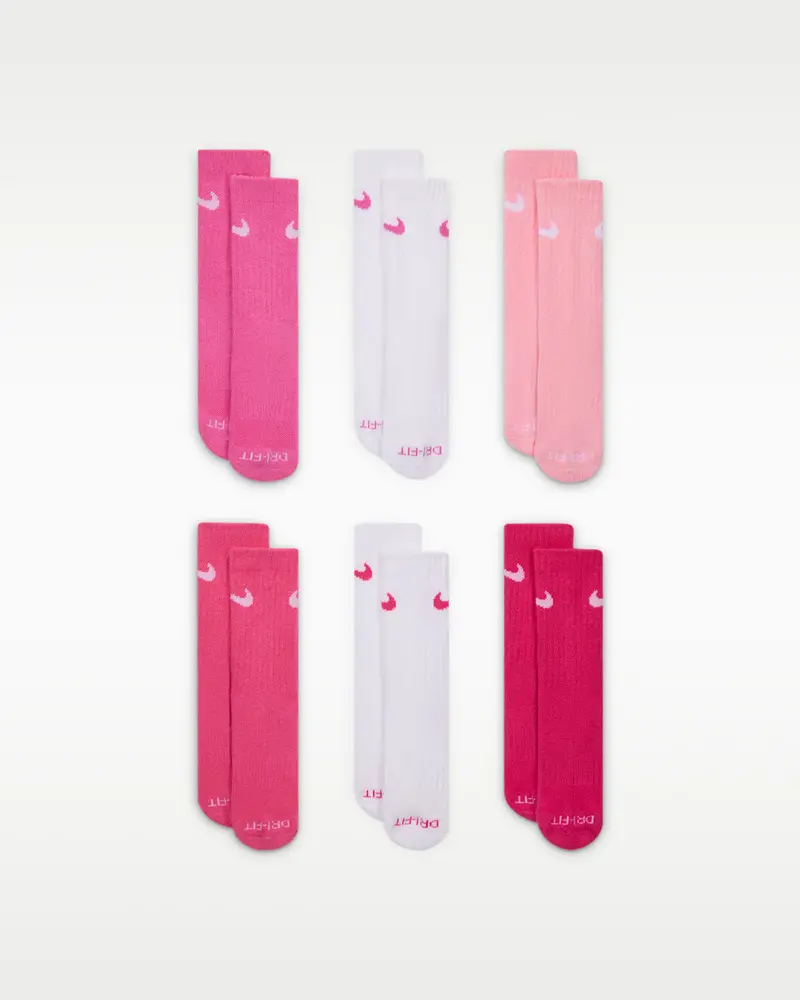 Nike Dri-Fit Little Kids Crew Socks – Vivid Pink, 6-Pack (Sizes 4–5 Years) 1