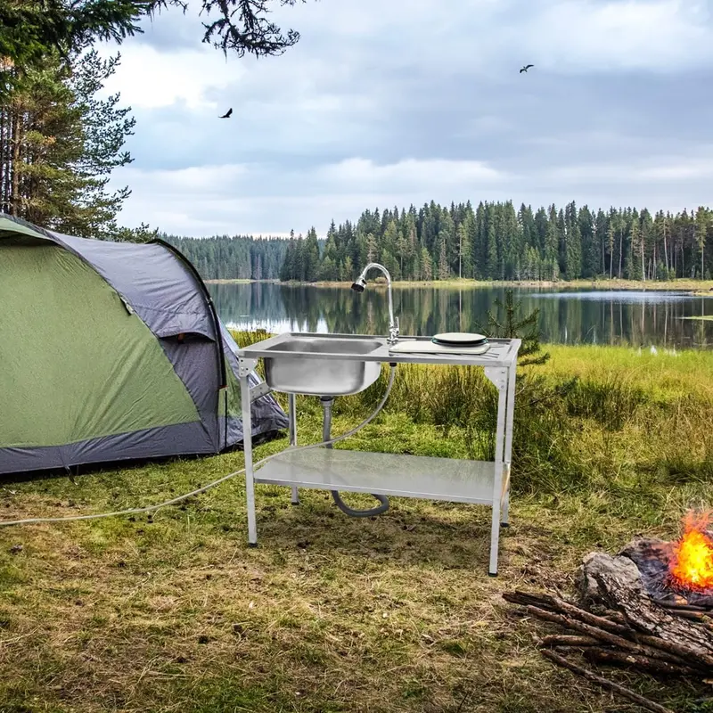 Portable Stainless Steel Camping Sink – Freestanding Design With Flexible Tap And Right-Side Drain Board 1