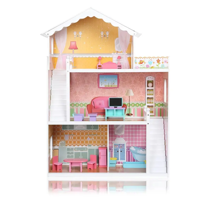 Three-Story Wooden Dollhouse With Detailed Interior Layout 1