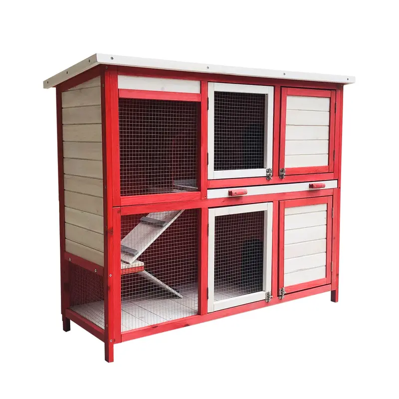 Two-Tier Rabbit Hutch With Removable Floor & Stair Access – Red & White 1