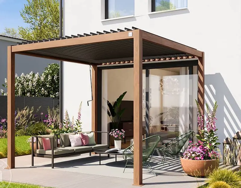 Wood-Effect 3X3 M Pergola With Pearl Grey Slatted Roof – Natural Aesthetic Outdoor Shelter 1